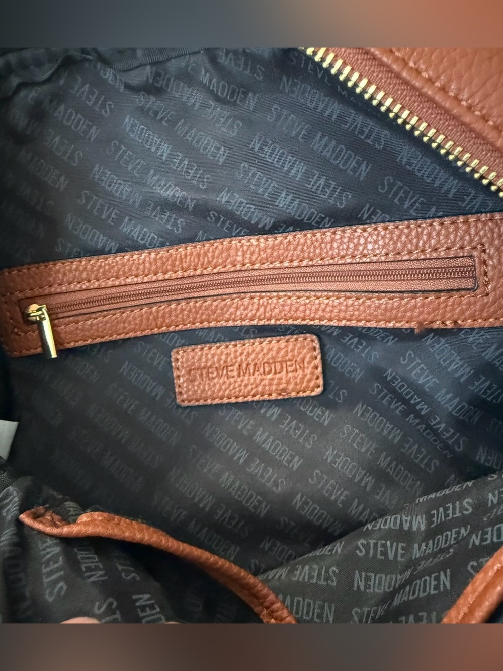 Steve Madden BTAMPA Cognac Brown Embossed Logo Backpack Purse Gold Hardware - Picture 12 of 15